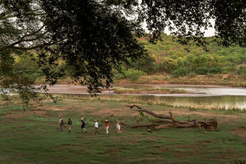 Guests on a slow guided walk beside the Olifants River in the Greater Kruger